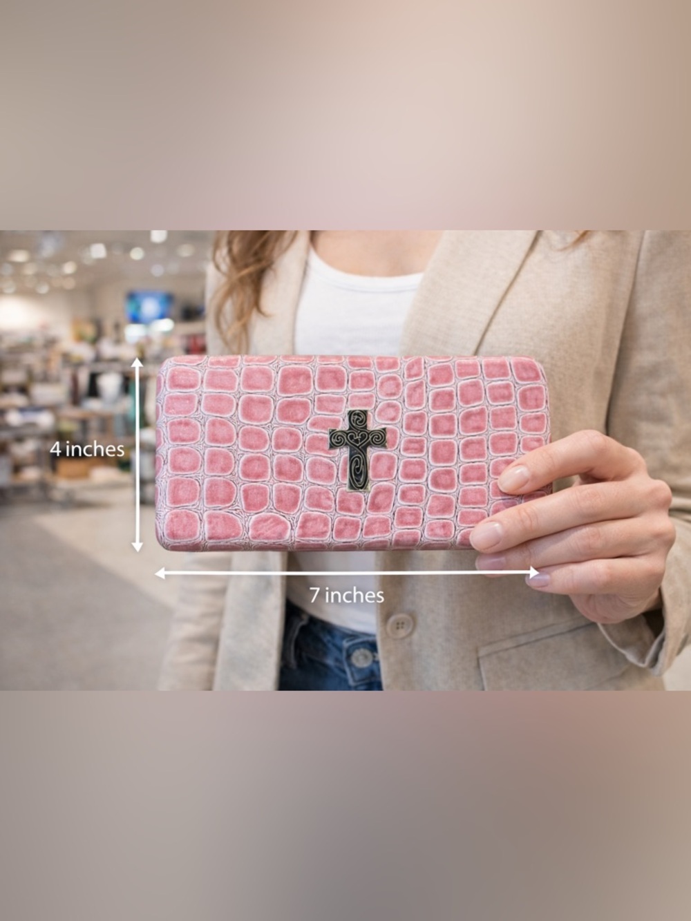 Pink Snake Skin Look Wallet with Cross Embellishment